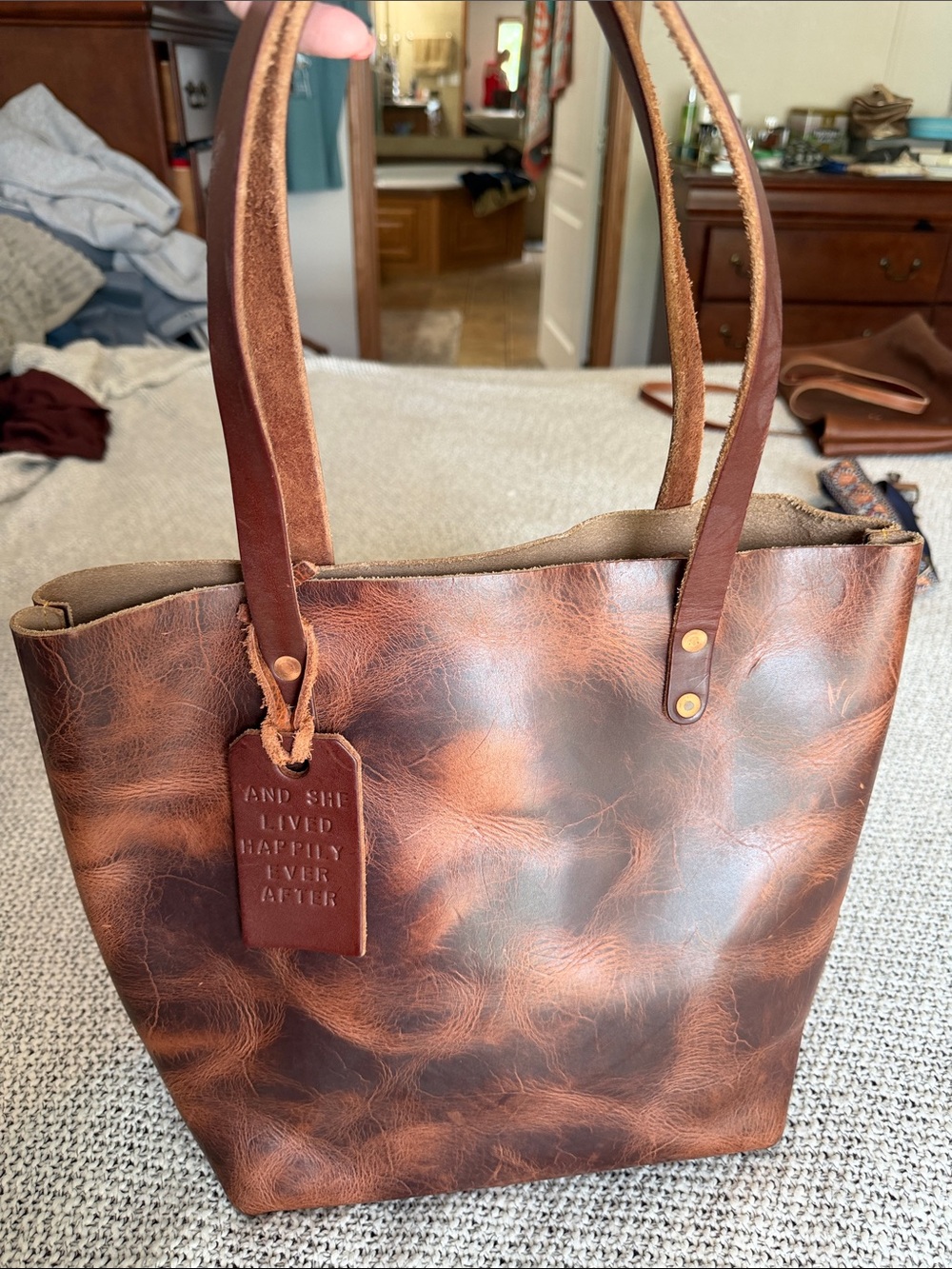 Women's Brown Distressed Leather Tote with Tag Accent